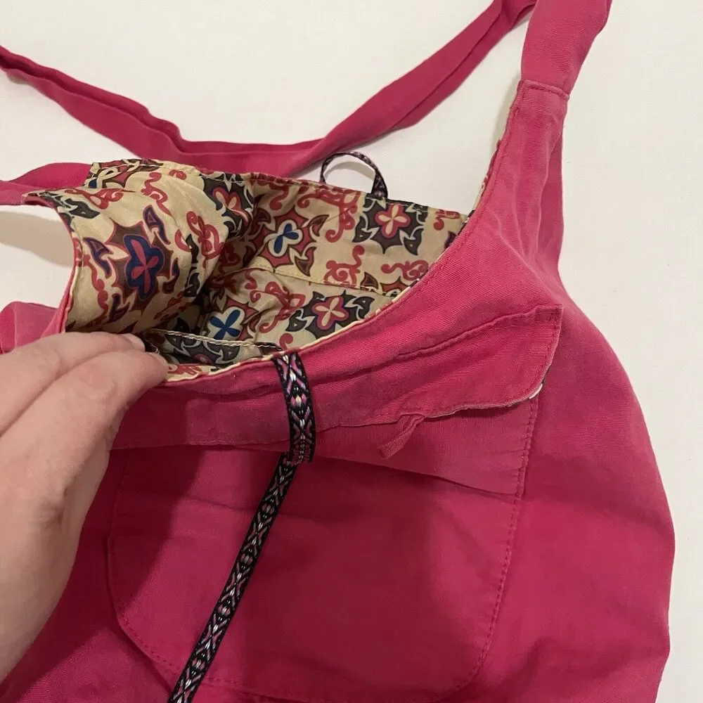 Womens Pink Floral Lined Crossbody Sling Bag Purse Hobo 11X15 Tie Closure